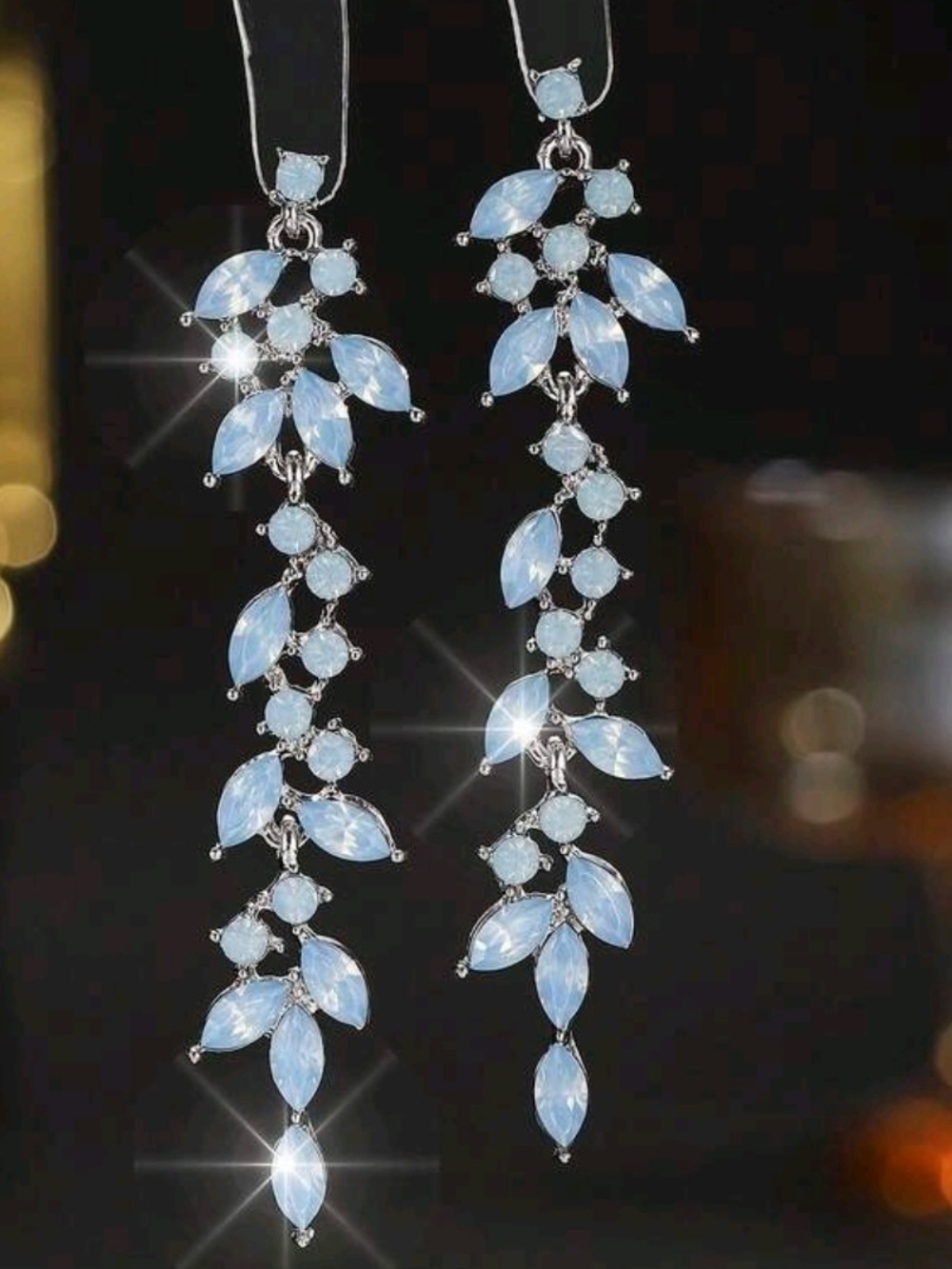 Crystal Rhinestone Tassel Leaf Dangle Earrings Baby Blue Bridal Wedding Prom